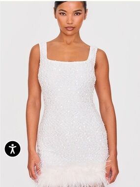 PrettyLittleThing White Sequin Square Neck Mini Dress with Feather Trim